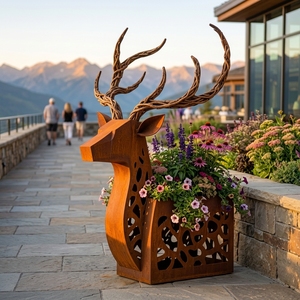 Sculpture de tête de cerf en acier Corten avec jardinière intégrée, statue de cerf creuse en acier patiné pour aménagement paysager - Product Image 5