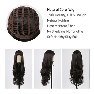 Peluca ondulada de cuerpo largo negro al por mayor de fábrica para mujer pelucas onduladas naturales sintéticas con flequillo fibra de pelo falso de fiesta diaria - Product Image 2