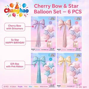 Set de 6 Globos de Mylar con Borlas, Lazos y Estrellas, Estilo Femenino y Adorable, Decoración para Fiestas de Cumpleaños, Ambiente Dulce - Product Image 2