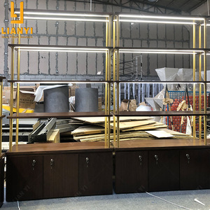 Étagères de pharmacie en bois sur mesure avec lumières LED en métal présentoirs de conception intérieure moderne pour le comptoir de magasin de pharmacie - Product Image 4