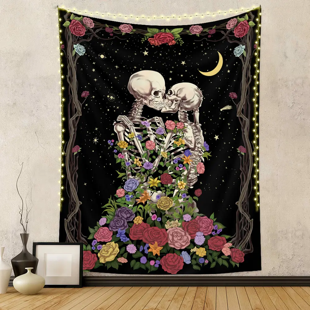 Skull Cartoon Tapestry The Kissing Lovers Custom Made Tapestry Black Tarot Human Skeleton Tapestry for Room