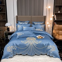Ensemble de literie en soie lavée bleue de style européen, 4 pièces, pour la maison et l'hôtel, broderie, couvre-lit, housse de couette, fournisseur