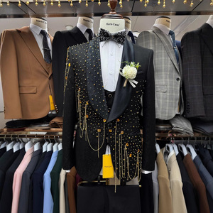 Setelan pakaian pria <span class=keywords><strong>2</strong></span> potong, Blazer pria pas badan, jahitan tangan, setelan <span class=keywords><strong>Prom</strong></span> hitam mewah untuk pernikahan pria - Product Image 6