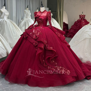 Vestido de Novia XS263 Glamuroso con Cuello Alto, Color Borgoña, con Flores 3D, Estilo Moderno, Largo, con Encaje y Cristales - Product Image 3