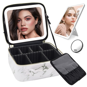 Custom Professional Storager Cosmetic Waterproof Leather Light Up Travel Makeup Bag With Led Mirror