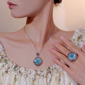 Vintage Eco-friendly Copper 8*8MM Blue Zircon <b>Necklace</b> Ring Jewelry Hypoallergenic Non-Tarnish Waterproof Gift <b>Set</b> for Premium - Product Image 6