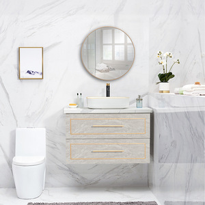 Modern minimalist <b>floating</b> bathroom vanity white sink and round mirror hanging cabinet - Product Image 4