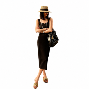 Vestido largo de punto minimalista con cuello cuadrado y cintura alta, ajustado a la cadera, para mujer, ideal para el verano y el día a día. - Product Image 1