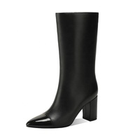 Bottes mi-mollet élégantes classiques bicolores noires en cuir PU brillant avec fermeture éclair pour femme Moncheer, idéales été, hiver, automne, avec talon compensé rehaussant la taille