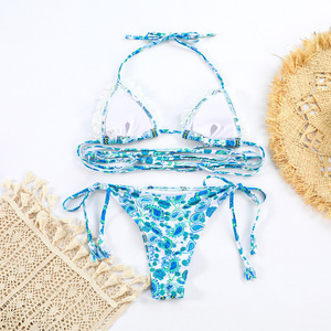 New Designer Print Basic <strong>Bikini</strong> With Pad Ties Details Crochet <strong>Trim</strong> Swimwear Scrunch Butt Swimsuit - Product Image 6