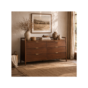 Commode rustique en bois à 6 tiroirs de style mid-century, armoire de rangement longue et moderne pour chambre à coucher, salon, salle à manger - Product Image 1