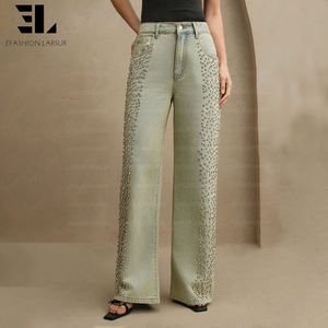 LARSURカスタムファクトリー スタッズ付き宝石装飾ストレートジーンズ ダメージ加工ヴィンテージウォッシュ ハイウエストデニムパンツ レディース - Product Image 6