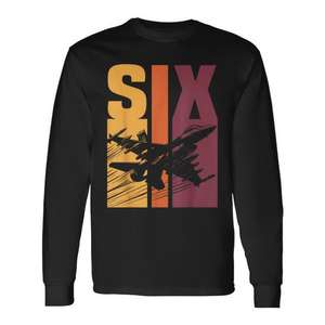 Camiseta de manga larga para niños de seis años con diseño de avión de combate militar retro para el sexto cumpleaños - Product Image 1