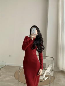 Français rétro Sexy coupe ajustée col rond corps-étreinte Base robe tricotée pour les femmes jupe longue passant genou automne hiver 2024 - Product Image 5