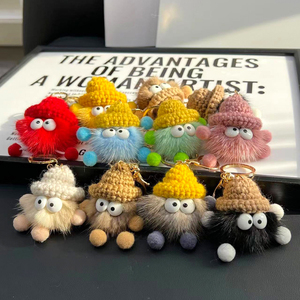 QYS Cute Imitation Mink Fur Small Briquettes Car Keychain Doll With Woolen Yarn Hat Plush Keyring - Product Image 2