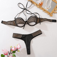 Groothandel Zwarte Visnet Bikini Sexy Lingerie Set voor Vrouwen OEM Custom ODM Bulk Halter Tie Cut Out Cup Ademend met Kousen