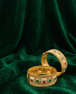 DIVYORO Premium Artisan Classic <b>Antique</b> <b>Gold</b> <b>Bangle</b> Intricate Floral Motifs Gemstone Setting Handmade 107g Ethnic Bridal Jewel - Product Image 1