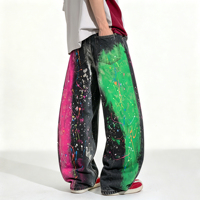 Jean Baggy à Blocs de Couleurs pour Homme, Pantalon en Denim Bicolore Vert Rose Effet Peinture Éclaboussée, Style Streetwear Tendance Urbaine