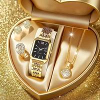 Coffret Cadeau 4 Pièces Montre Quartz Femme, Collier Diamant, Boucles d'Oreilles et Bague en Strass Doré – Idéal pour Salons Professionnels et Événements Promotionnels