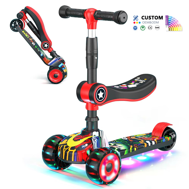 Outdoor Toys Toddler Kids Scooter LED 3 Wheels Rear Brake Durable Foldable Seat Kick Scooters for Boys and Girls