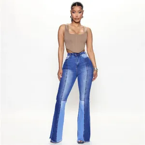 2023 प्लस आकार महिलाओं के जीन्स लोकप्रिय यूरोपीय और अमेरिकी खिंचाव उच्च-waisted फैशन दो-रंग चिथड़े भड़क पैंट