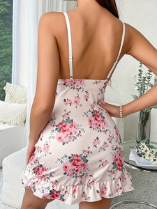 Camicia da Notte Estiva Elegante da Donna con Stampa Floreale, Scollo a V, Vestito Sottoveste, Vita Elasticizzata, in Seta di Latte Traspirante, con Dettagli in Pizzo e Coppa Triangolare, <span class=keywords><strong>Pantaloncini</strong></span> - Product Image 2