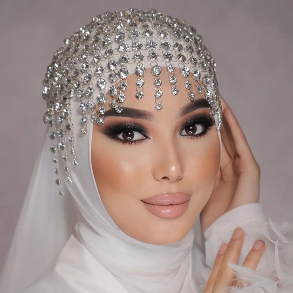 Wholesale Muslim Dubai Rhinestone Bridal Hair Chain Accessories 2024 Women Fashionable Diamond Chain Hair Cap