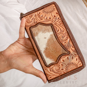 High Quality Women's Genuine Leather Purse Wallet Fashionable <b>Long</b> Design Clutch <b>Bag</b> with Open Closure and Decorative Feathers - Product Image 2