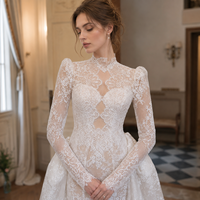 Robe de mariée sirène à manches longues, col rond, dentelle française, traîne détachable 2-en-1, dos nu, grande taille, maternité