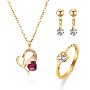 Set Perhiasan Pernikahan Pengantin Berlian 3 Buah, Kalung Hati Cinta, Set Perhiasan Emas Mewah Modis