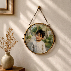 Premium Round Metal Hanging <b>Photo</b> <b>Frame</b>, Antique <b>Gold</b> Finish Picture <b>Frame</b> with Decorative Chain for Family Portraits - Product Image 1