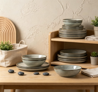Service de vaisselle en céramique gris à glaçure réactive avec bordure marron, assiettes rétro et bols à dessert pour la maison, les cafés et les restaurants (vente en gros)
