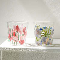 Gobelet en verre borosilicate à imprimé floral, résistant à la chaleur, sans BPA, sans pied, sans couvercle, réutilisable pour le thé, le café, le jus, la maison, le bureau