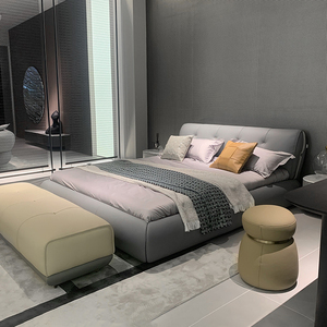 Grey Genuine Leather Upholstered <b>Bed</b> with Tufted Headboard and Rounded Wraparound Base <b>Bed</b> <b>Frame</b> for Modern Bedroom - Product Image 3