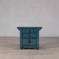 Table de chevet en bois massif bleu turquoise vieilli, style rustique antique, armoire de chevet à 3 tiroirs et 2 portes