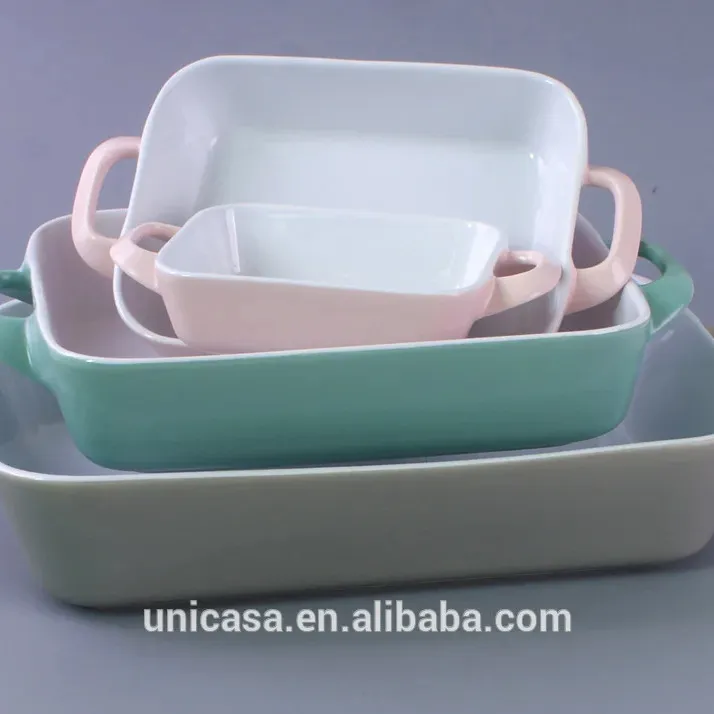 Fabrika yapımı dayanıklı porselen mikrodalga güvenli çevre dostu dikdörtgen seramik Bakeware 4 Set pişirme tavaları