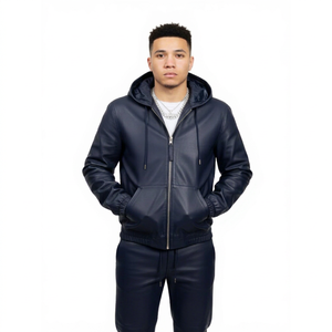 Sweat-shirt à capuche bleu marine pour homme, ensemble décontracté avec fermeture éclair intégrale et pantalon de jogging ajusté - Product Image 1