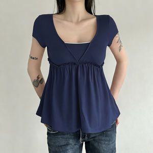 Loose A-Line <b>Patchwork</b> Short Sleeve T-Shirt Sweet Girly Style Youthful Solid Color Minimalist Fashion Versatile <b>Top</b> - Product Image 1