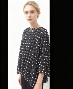 Elegante Blusa di Lusso da Donna <span class=keywords><strong>con</strong></span> Perle e <span class=keywords><strong>Pizzo</strong></span> Floreale Dorato in Stile Vintage, Top Ampio e Traforato - Product Image 6
