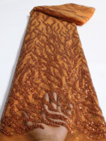 Dentelle en tulle perlée orange brûlé NI.AI, 5 yards, tissu de luxe avec sequins et perles, dentelle en maille pour robe de mariée ou de bal