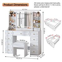 Coiffeuse moderne OEM avec miroir LED, plateau en verre, 9 tiroirs, 8 étagères de rangement et chaise pour chambre à coucher