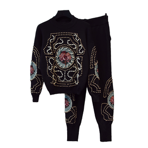 Women's Casual Sport Sweater <b>Set</b> Vintage 2-Piece Outfit with Retro Embroidery <b>Beaded</b> Knitted Pants - Product Image 4