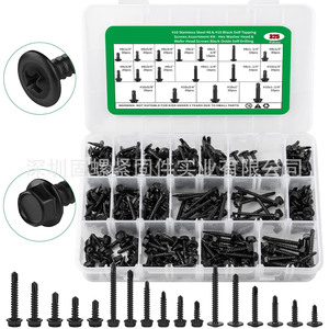410 Stainless Steel Self Tapping Screws Assortment 325pcs Hex Washer Head Black Oxide Phillips Drive Metal Fasteners - Product Image 1