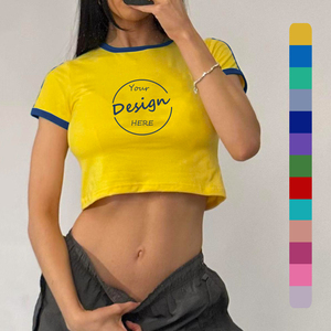 Vente chaude femmes léger 180 Gsm culture bébé t-shirts broderie personnalisée de haute qualité coupe régulière été couleur bloc motif 3D - Product Image 1