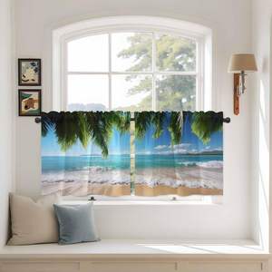 Cortinas Ocean Beach con Palmeras, Estilo Tropical, para Cafetería, Cortinas Cortas para Baño y Cocina, 2 Paneles, Personalizables - Product Image 1