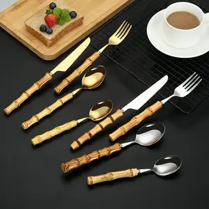 Ensemble de couverts à manche en bambou véritable naturel, cuillère, fourchette, couteau, couverts en or