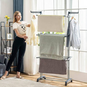 Séchoir à <span class=keywords><strong>linge</strong></span> pliable en acier inoxydable à 4 niveaux avec étagères mobiles, séchoir pour vêtements, porte-vêtements avec 4 roues - Product Image 2