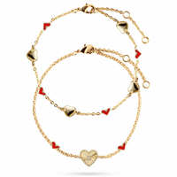 Bracelet à breloques cœur double couche en or EDGE Custom Fashion avec détails cœur en émail rouge, pendentif cœur en cristal, bijoux pour femmes