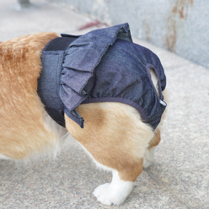 Culotte menstruelle pour chienne, en coton bleu denim, anti-harcelement, pour Corgi Teddy - Product Image 3