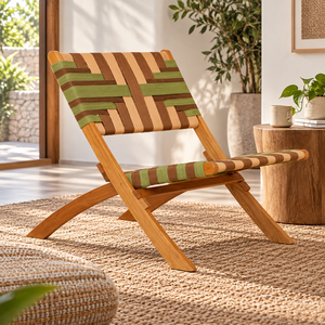 Chaise de jardin pliable en teck avec siège en tissu rayé, chaise longue d'extérieur au design contemporain, pieds effilés - Product Image 1